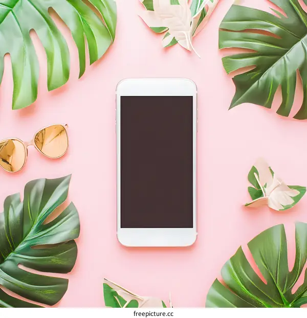 Summer Phone Mockup With Tropical Leaves