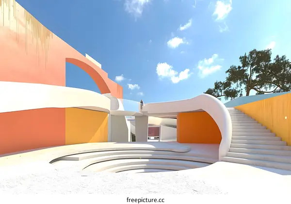 Modern Architecture with White Stairs and a Circular Amphitheater