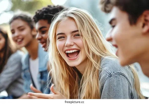 Group of friends laughing outdoors
