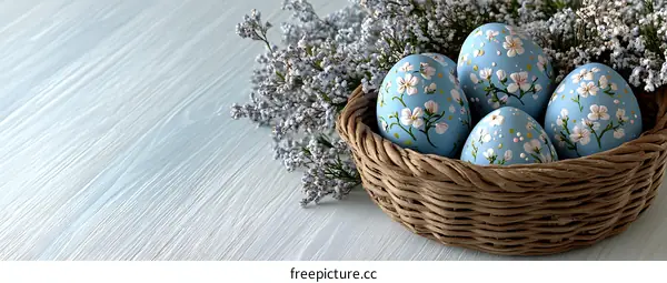 Easter Eggs in a Basket with Flowers