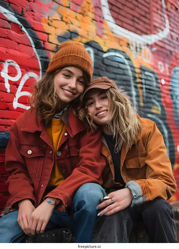 Two young women posing in front of a graffiti wall