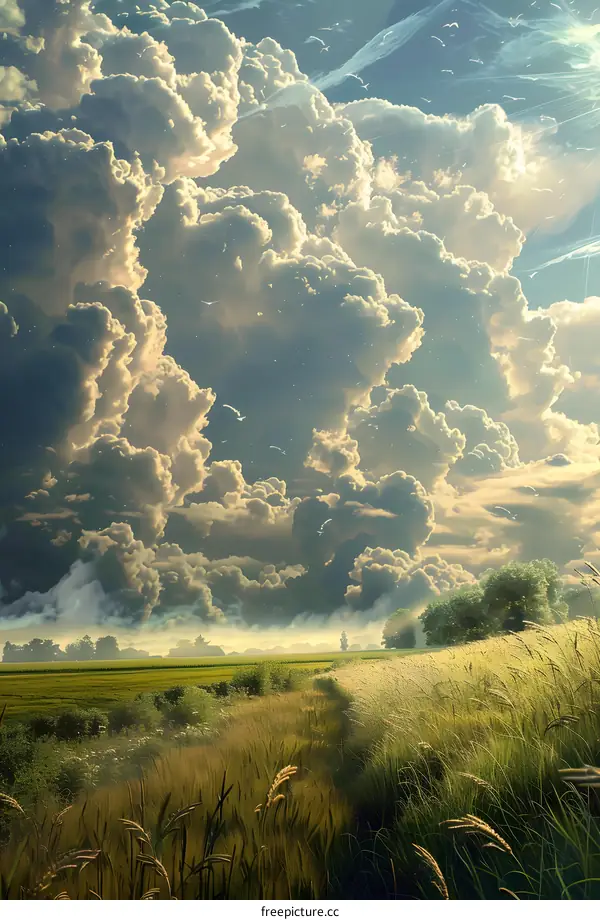 Beautiful cloudscape with golden wheat field