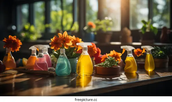 Cleaning Supplies on Wooden Table with Floral Background