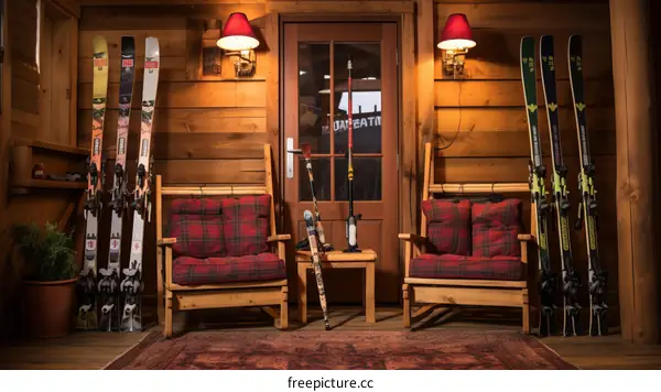 Two armchairs in a wooden house with skis and ski poles