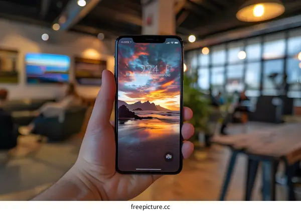 Hand Holding Smartphone with Sunset Beach Wallpaper