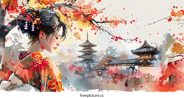 A beautiful Japanese woman in a kimono standing in a temple during cherry blossom season