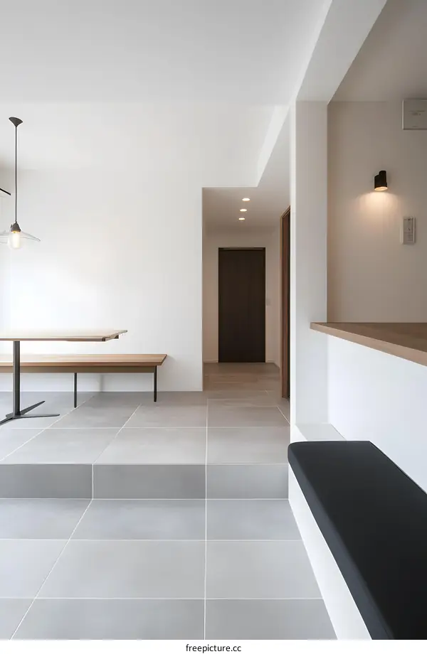 Modern Minimalist Interior Design with Grey Tiles and Wooden Bench