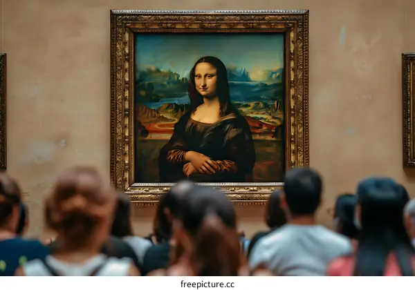 Mona Lisa Painting With Crowd of Visitors at The Louvre