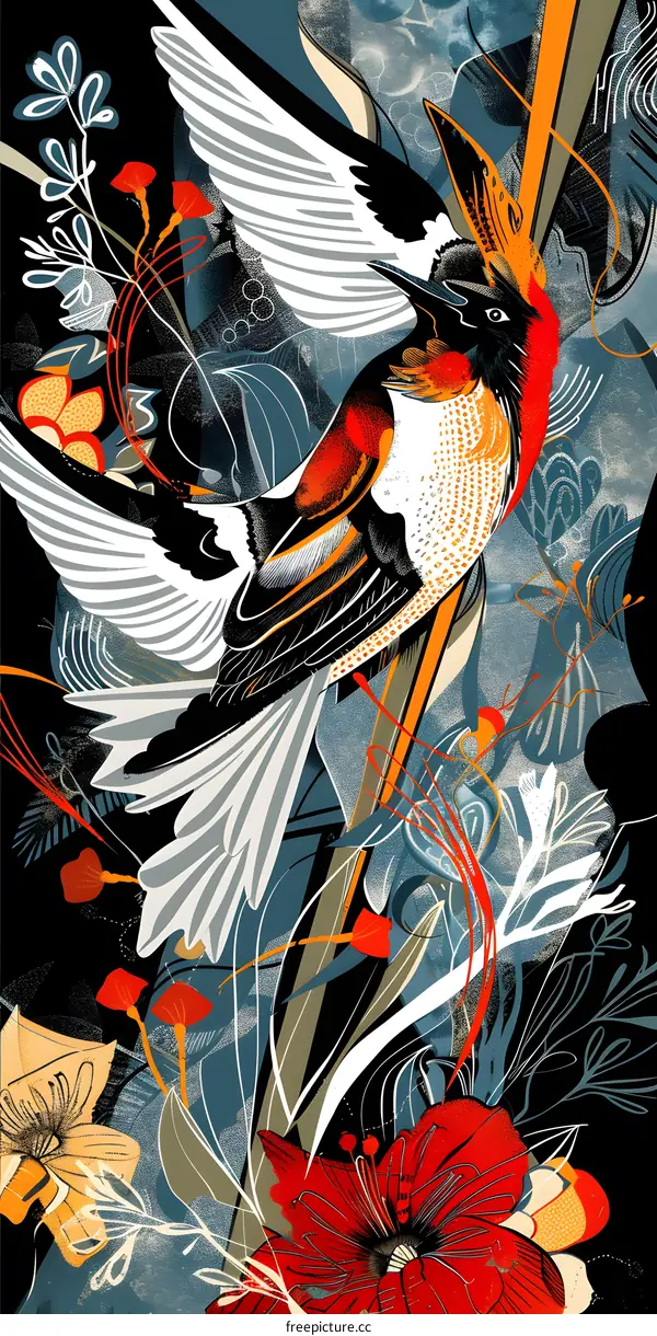 Abstract Bird and Flower Illustration