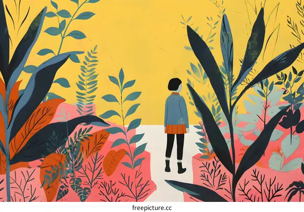 Woman Standing in a Garden with Yellow and Pink Plants