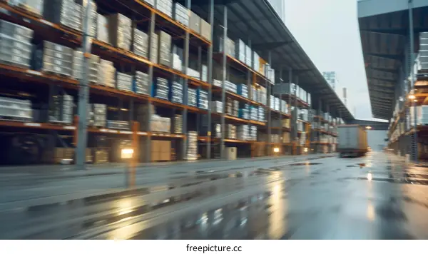 Truck Departs from Busy Logistics, Distribution Center Loading Dock. Delivery Semi Trailer Truck Leaves Warehouse Building with Goods