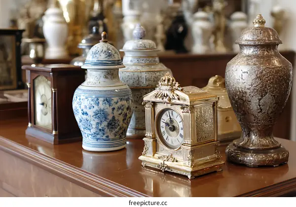 Antique Clocks and Vases Displayed on a Wooden Table