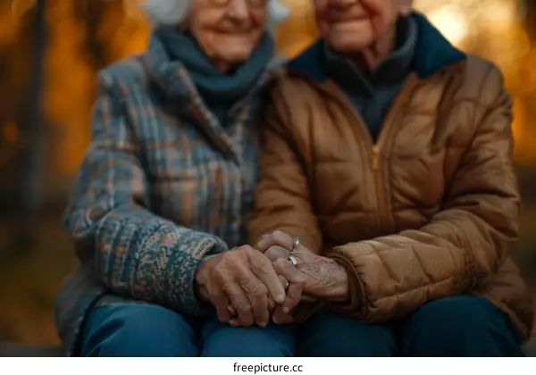 Two elderly people in love holding hands in the park