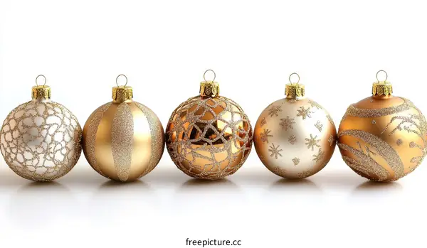 Elegant Gold Christmas Ornaments on White Background