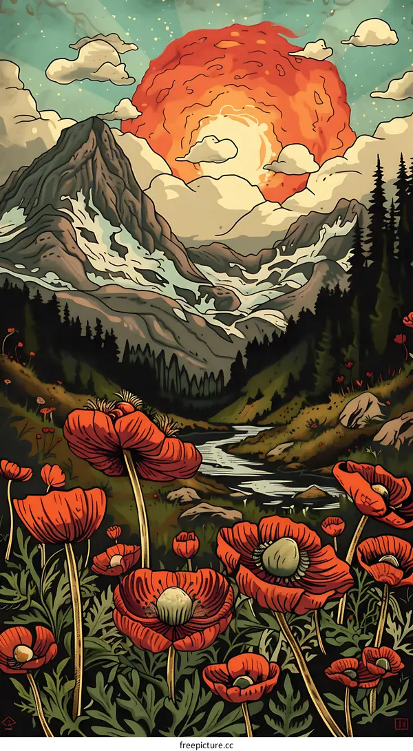 Mountain Landscape with Sunset and Poppy Flowers