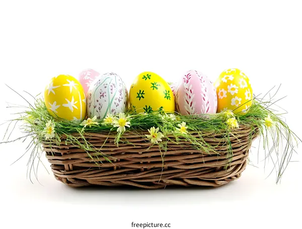 Colorful Easter Eggs in a Wicker Basket