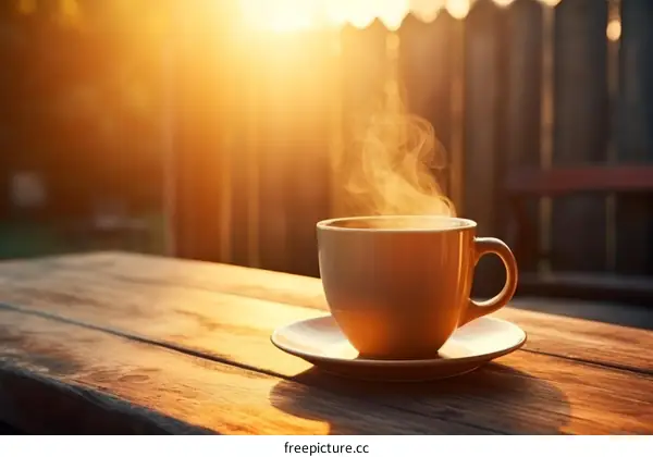 A steaming cup of coffee on a wooden table in the morning sunlight