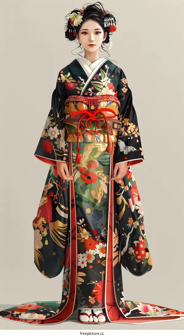 A woman wearing a kimono with a floral pattern and a red obi.