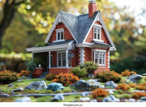 Miniature Red Brick House in Autumn Garden Scene