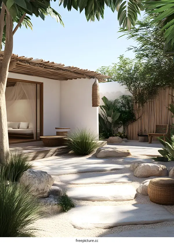 Tropical Patio Design with Stone Pathway and Lush Greenery