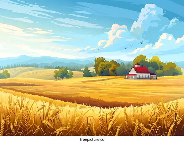 Farmhouse in a Wheat Field with a Blue Sky