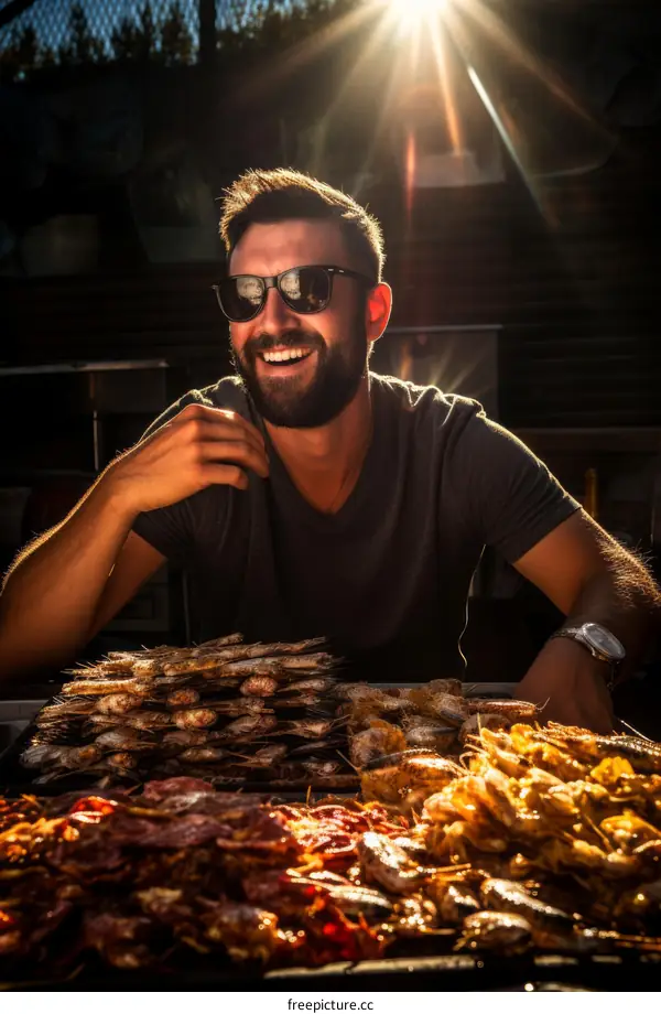 Bearded man smiling next to a table full of seafood