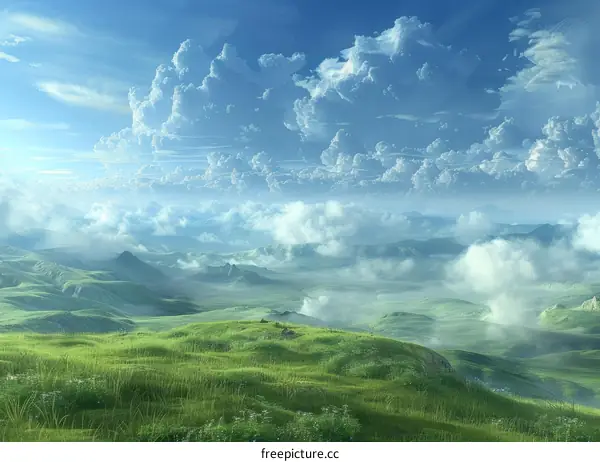 Rolling Green Hills and Blue Sky with White Clouds