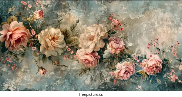 Vintage Shabby Chic Floral Wallpaper with Blooming Roses and Peonies