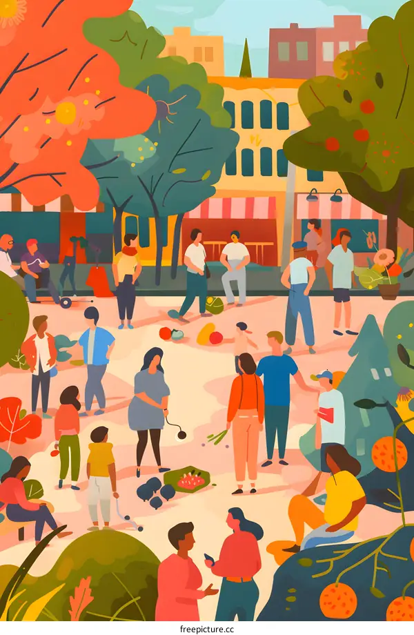 Colorful Illustration of a Busy City Street Scene