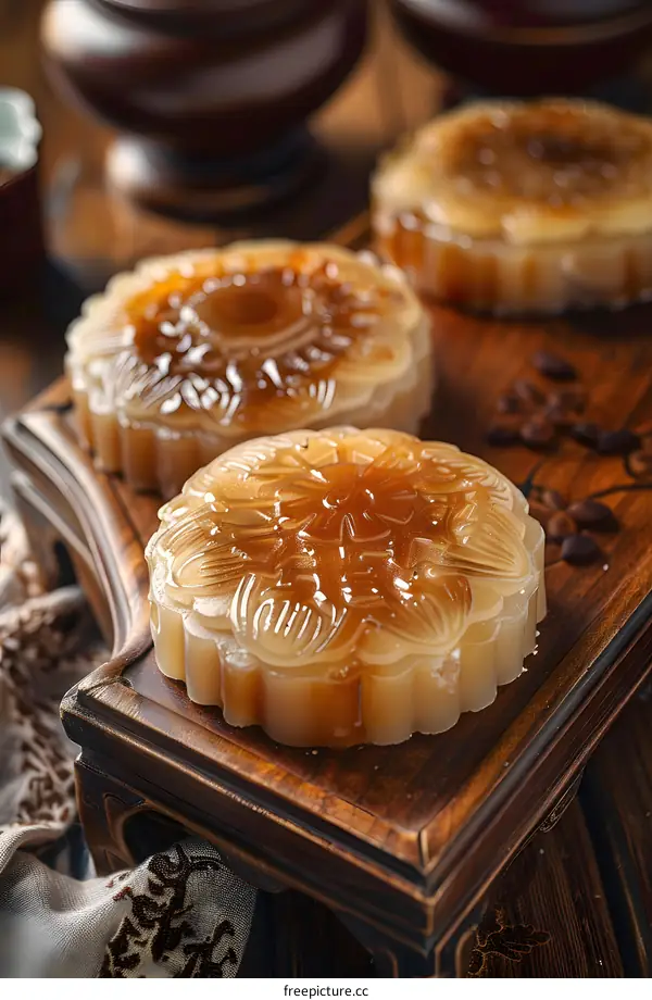 Close Up of Delicious Traditional Chinese Moon Cakes on Wooden Tray
