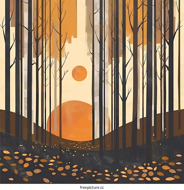Autumn Forest Illustration with Sun and Fallen Leaves