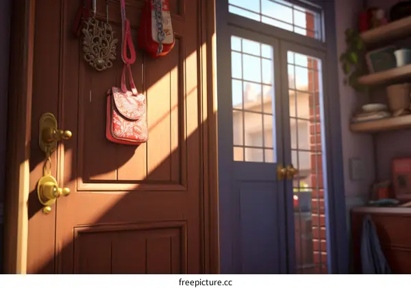 Wooden Door with Pink Bag Hanging