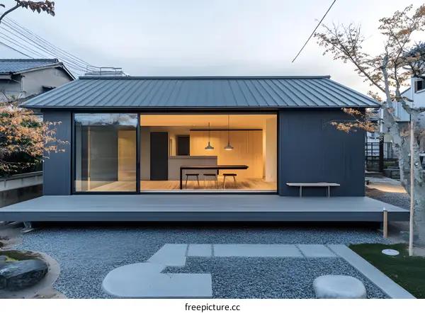 Modern Japanese House with Wooden Deck and Gravel Garden