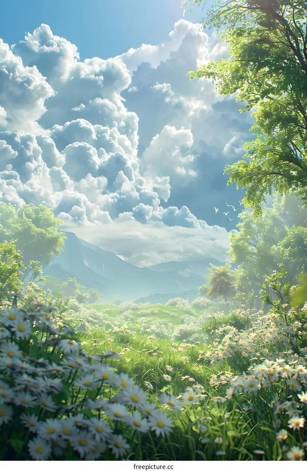 A field of white daisies in bloom with green grass, blue sky, white clouds, and birds flying in the sky. The picture is fresh and natural.