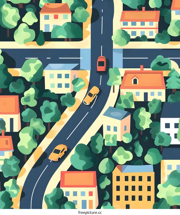 Aerial View of a City with Houses and Cars