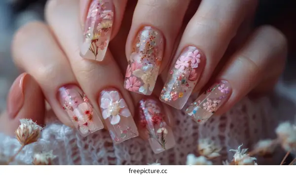 Dried flowers encased in transparent pink nails with glitter
