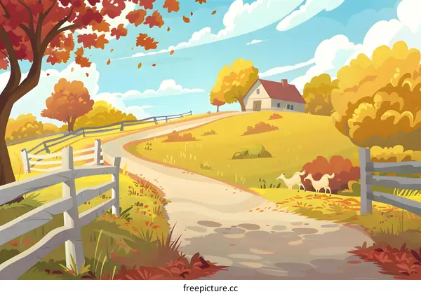 Autumn Landscape with Countryside Road and House