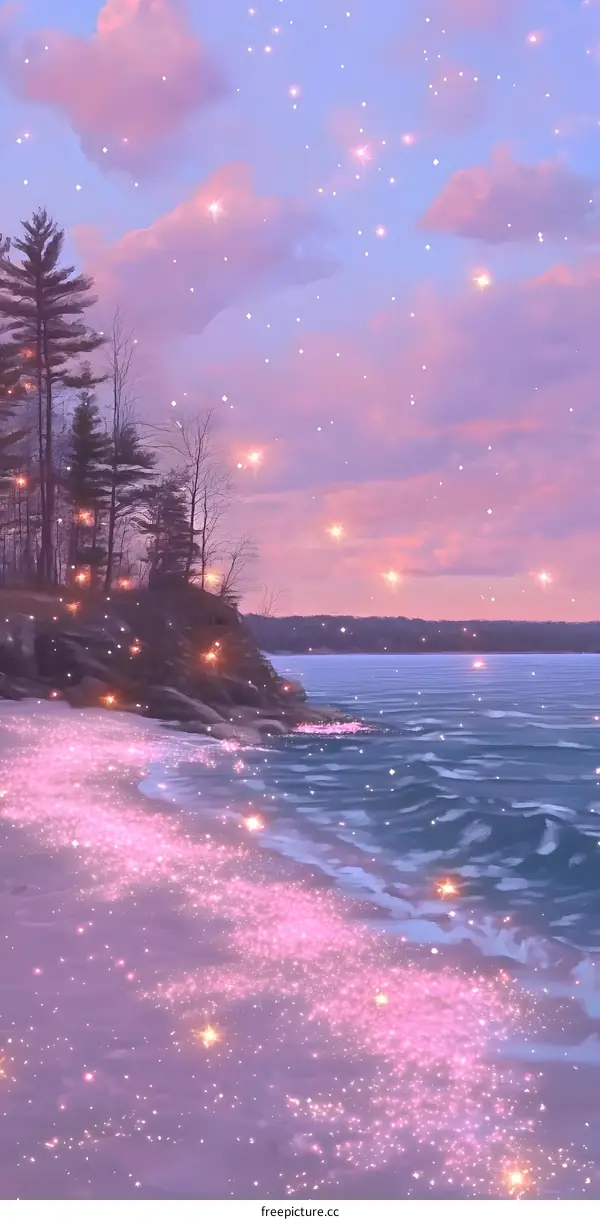 Pink and Purple Sky with Glitter and Stars Over Lake