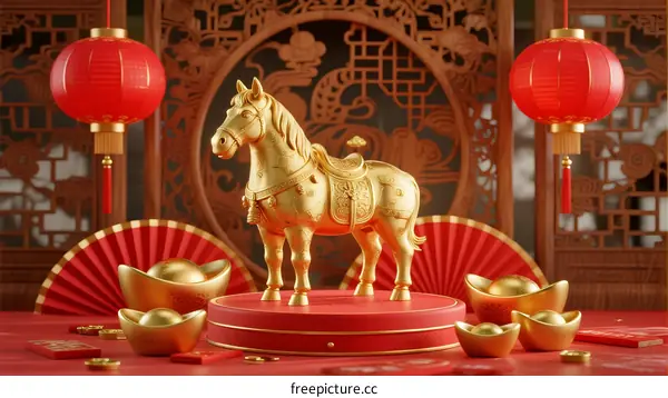 Golden Horse Statue Decorated with Red Lanterns and Gold Ingot