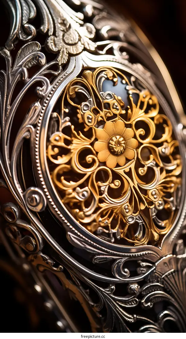 ornate golden and silver metalwork close up