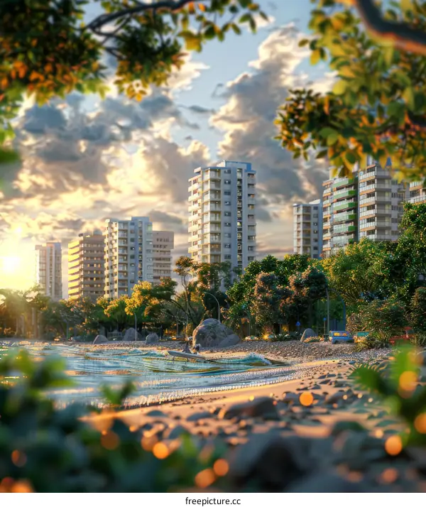 Coastal Cityscape Digital Art Illustration