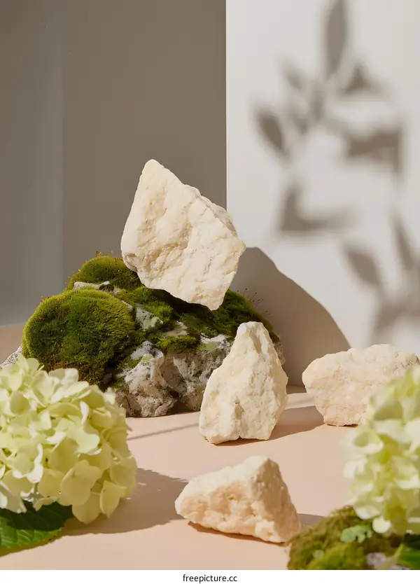 Minimalist Still Life with Rocks, Moss, and Flowers