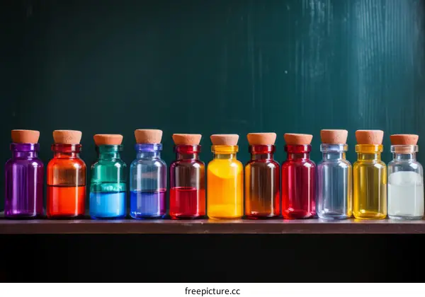 Bottles with colored liquids of different colors
