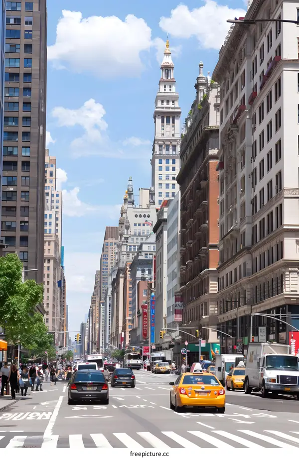 New York City Street View with Tall Buildings and Yellow Taxi