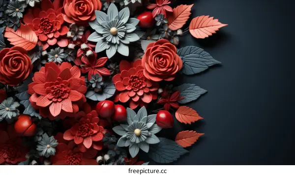 Red and blue flowers and leaves on a dark background