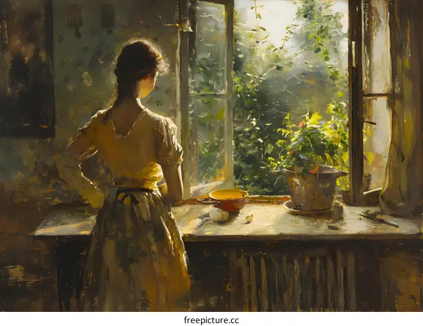 A woman standing in front of a window