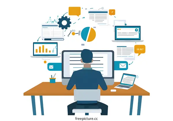 Businessman Working at Computer with Data and Graphs