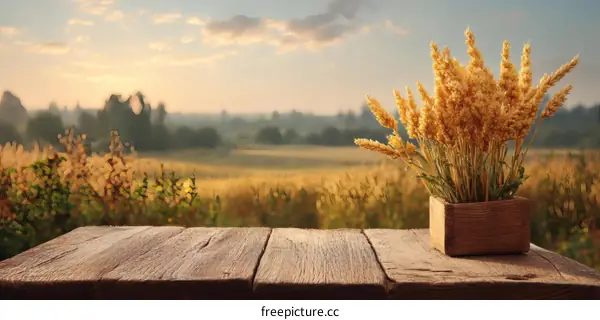 Rustic Wooden Table with Wheat Ears at Sunrise