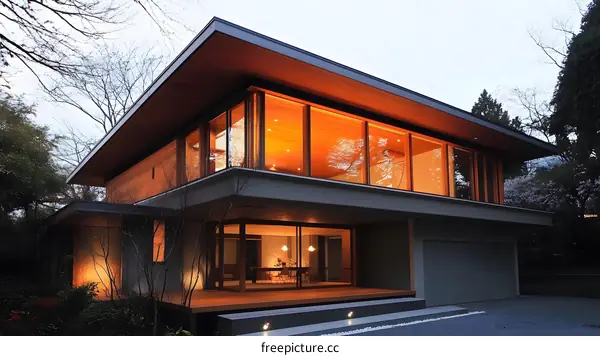 Modern House with Large Windows and Wooden Ceiling