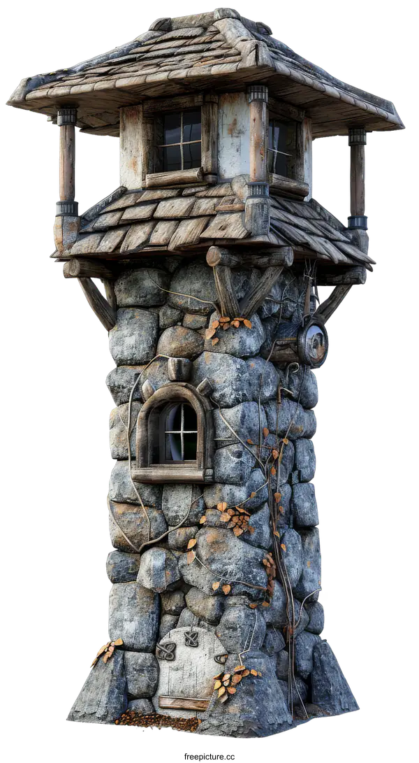 [Transparent Background PNG]A stone tower with a wooden roof and a small window